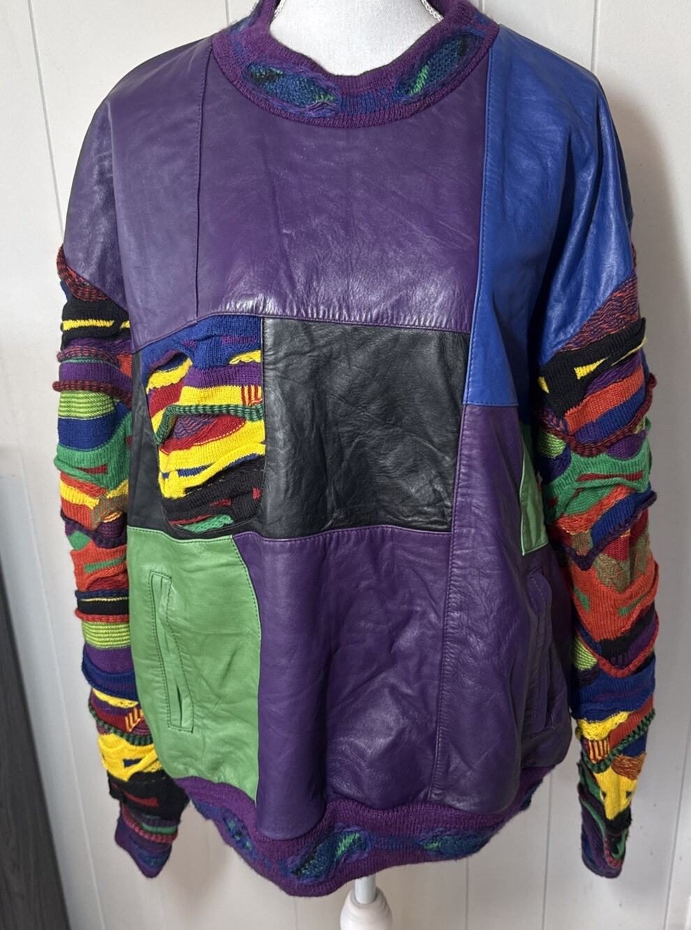 Saxony Vintage Purple Multicolor Leather 3D Knit Pullover Sweater Mens XL V8